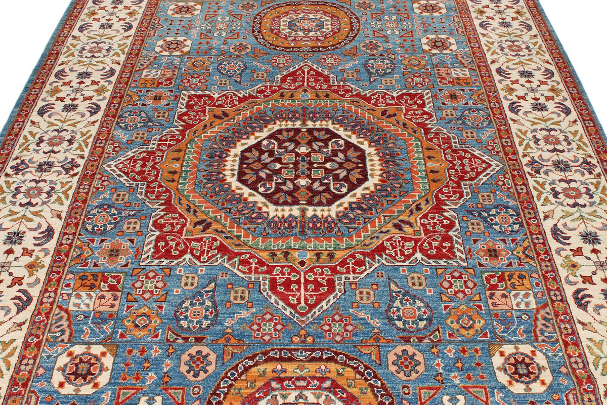 6x9 Blue and Ivory Turkish Tribal Rug