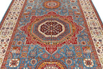 6x9 Blue and Ivory Turkish Tribal Rug