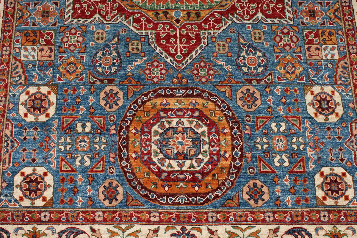 6x9 Blue and Ivory Turkish Tribal Rug