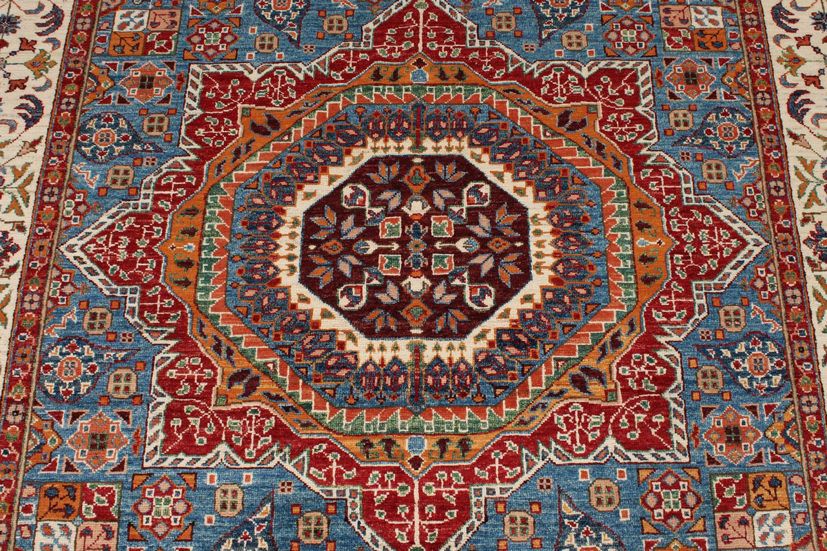 6x9 Blue and Ivory Turkish Tribal Rug