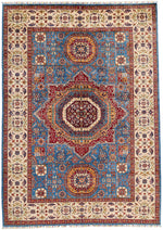 6x8 Blue and Ivory Turkish Tribal Rug