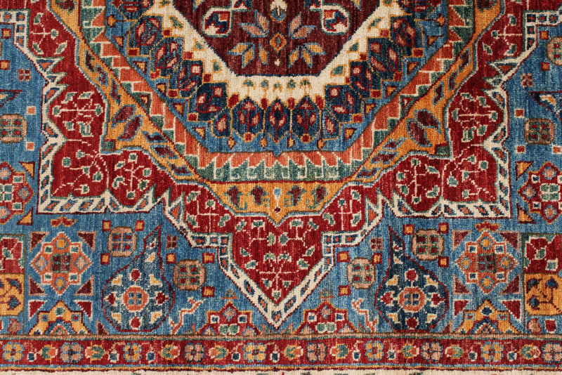 6x8 Blue and Ivory Turkish Tribal Rug