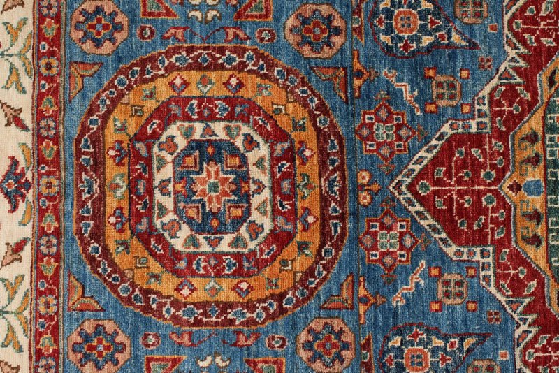 6x8 Blue and Ivory Turkish Tribal Rug