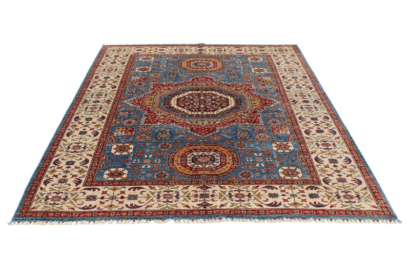 6x8 Blue and Ivory Turkish Tribal Rug