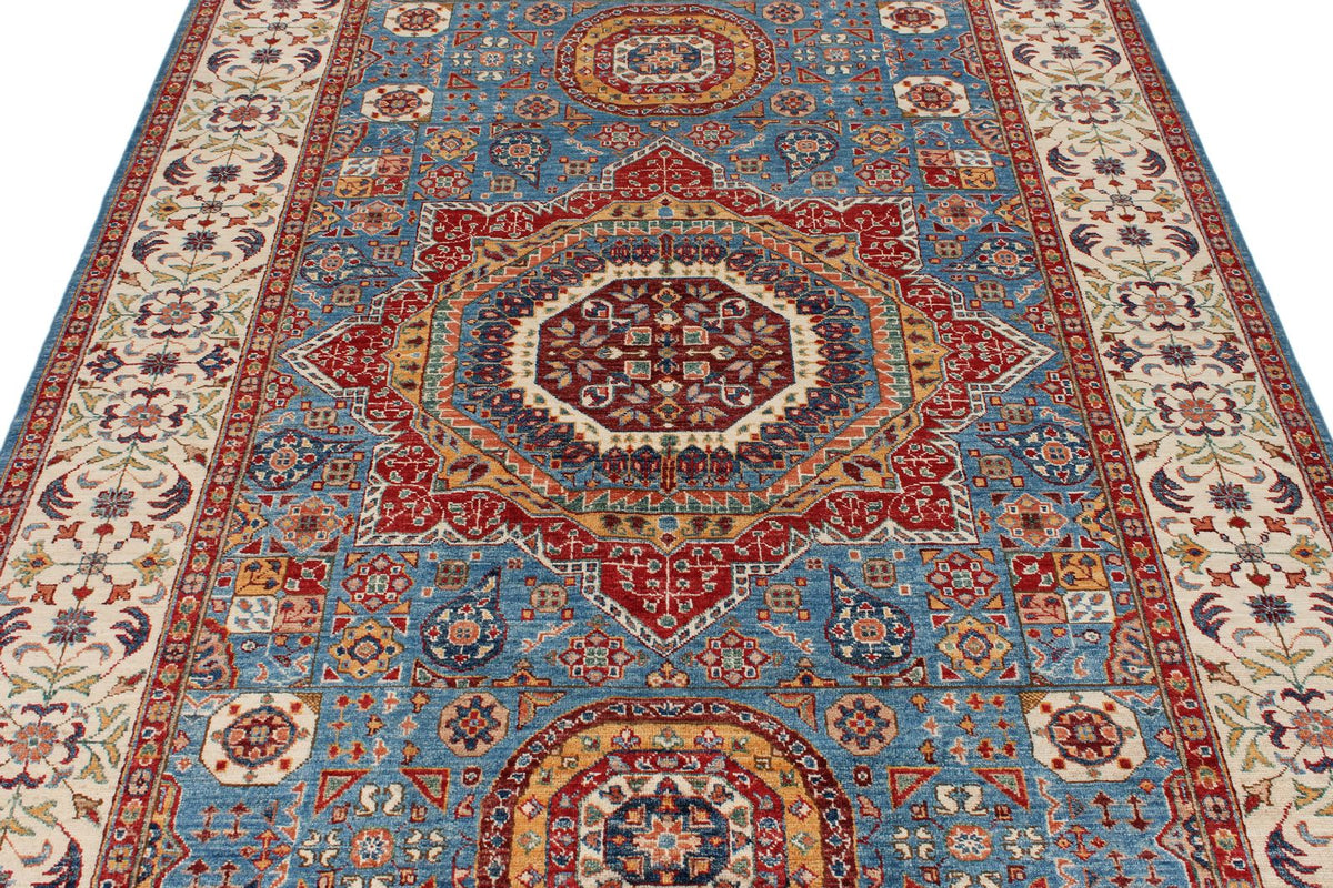 6x8 Blue and Ivory Turkish Tribal Rug