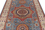 6x8 Blue and Ivory Turkish Tribal Rug