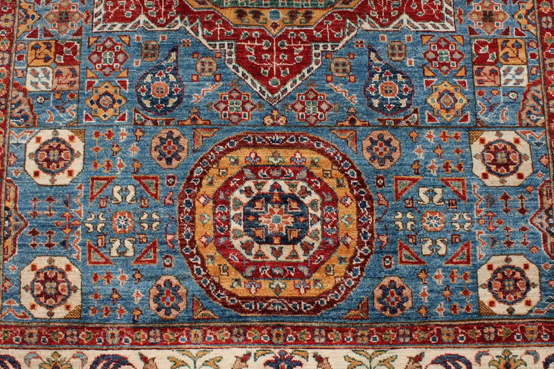 6x8 Blue and Ivory Turkish Tribal Rug