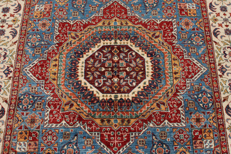 6x8 Blue and Ivory Turkish Tribal Rug