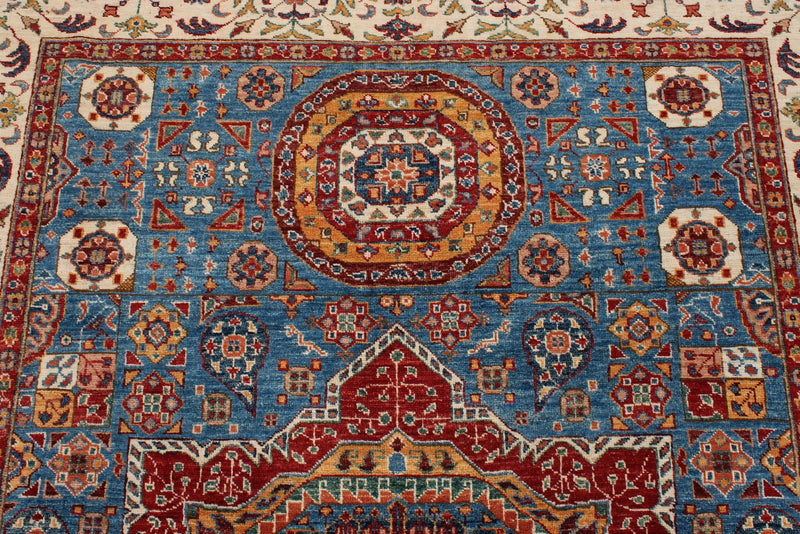 6x8 Blue and Ivory Turkish Tribal Rug