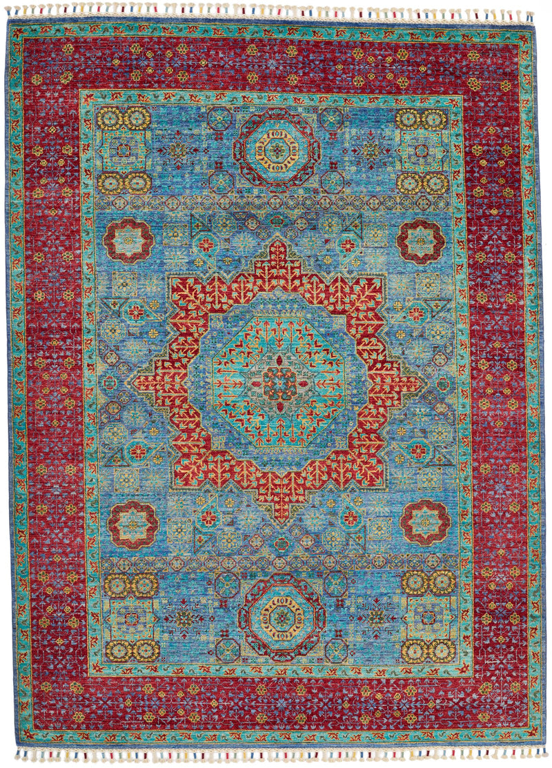 6x8 Light Blue and Magenta Turkish Tribal Rug