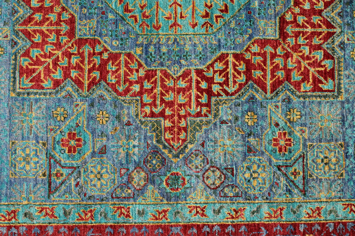 6x8 Light Blue and Magenta Turkish Tribal Rug