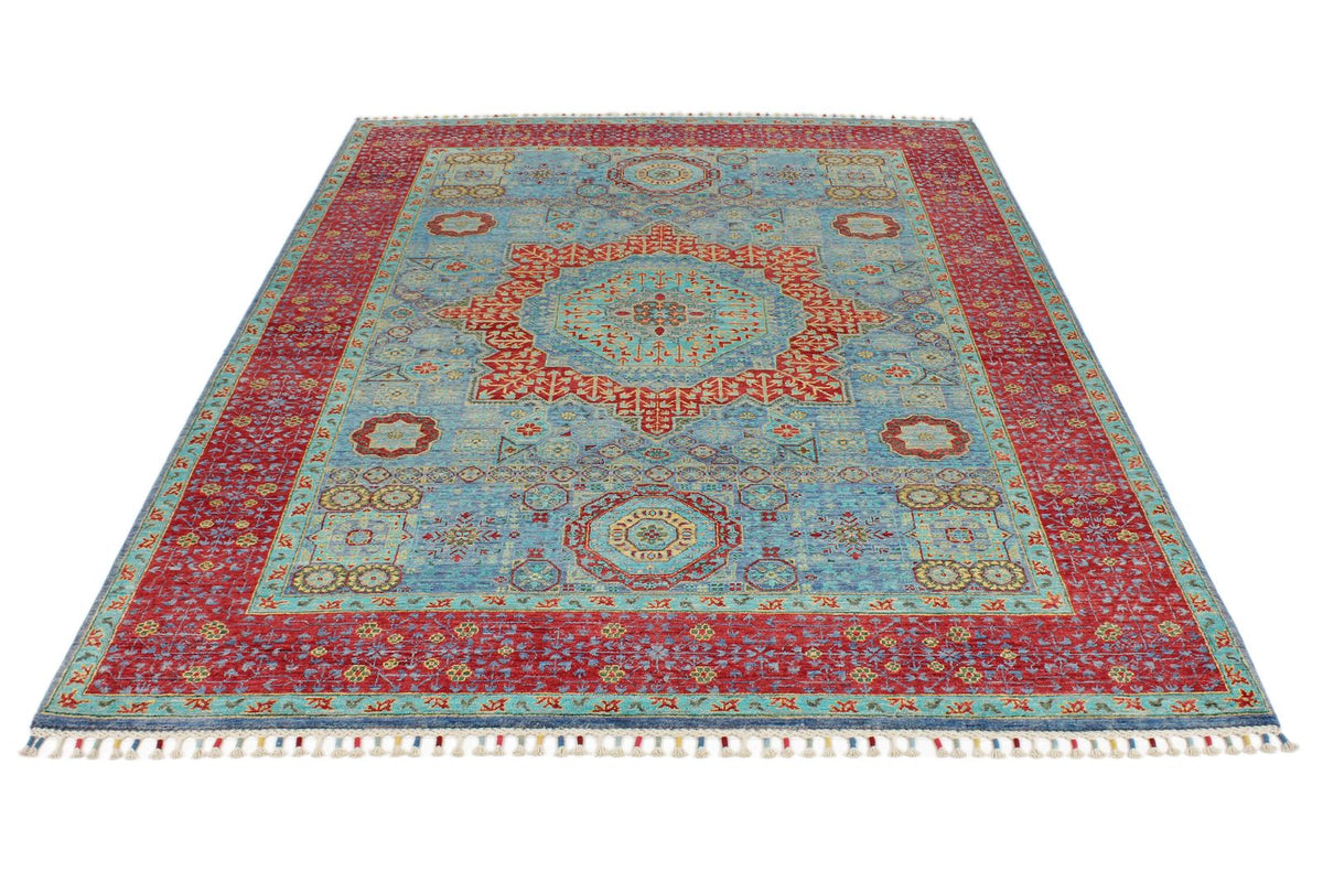 6x8 Light Blue and Magenta Turkish Tribal Rug