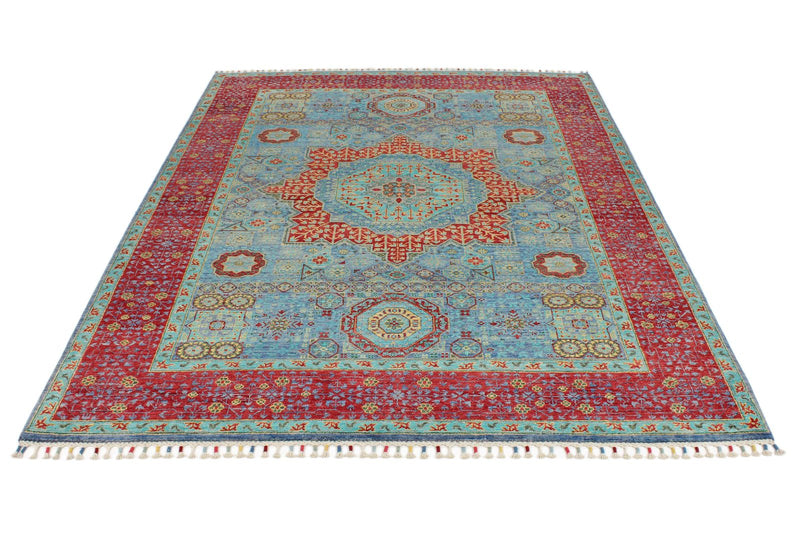 6x8 Light Blue and Magenta Turkish Tribal Rug