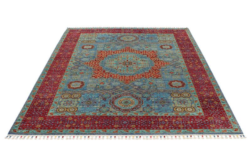 6x8 Light Blue and Magenta Turkish Tribal Rug