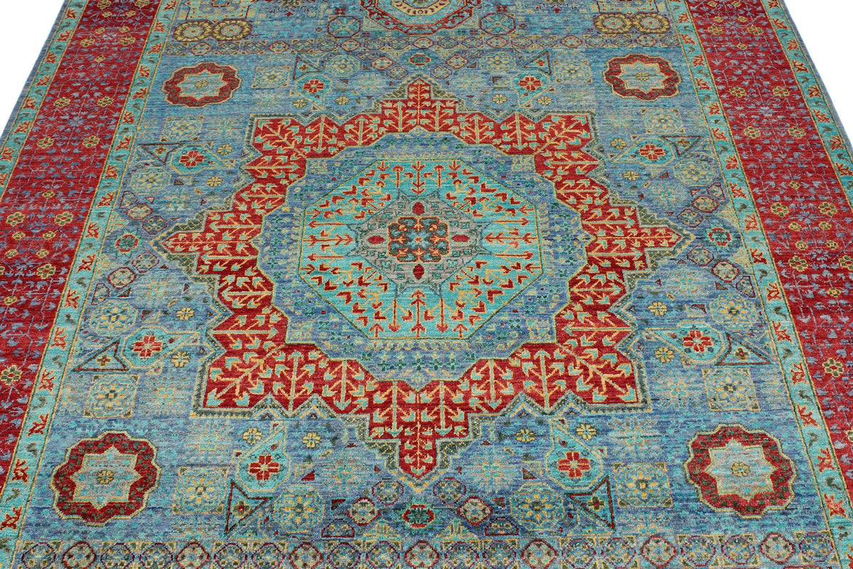 6x8 Light Blue and Magenta Turkish Tribal Rug