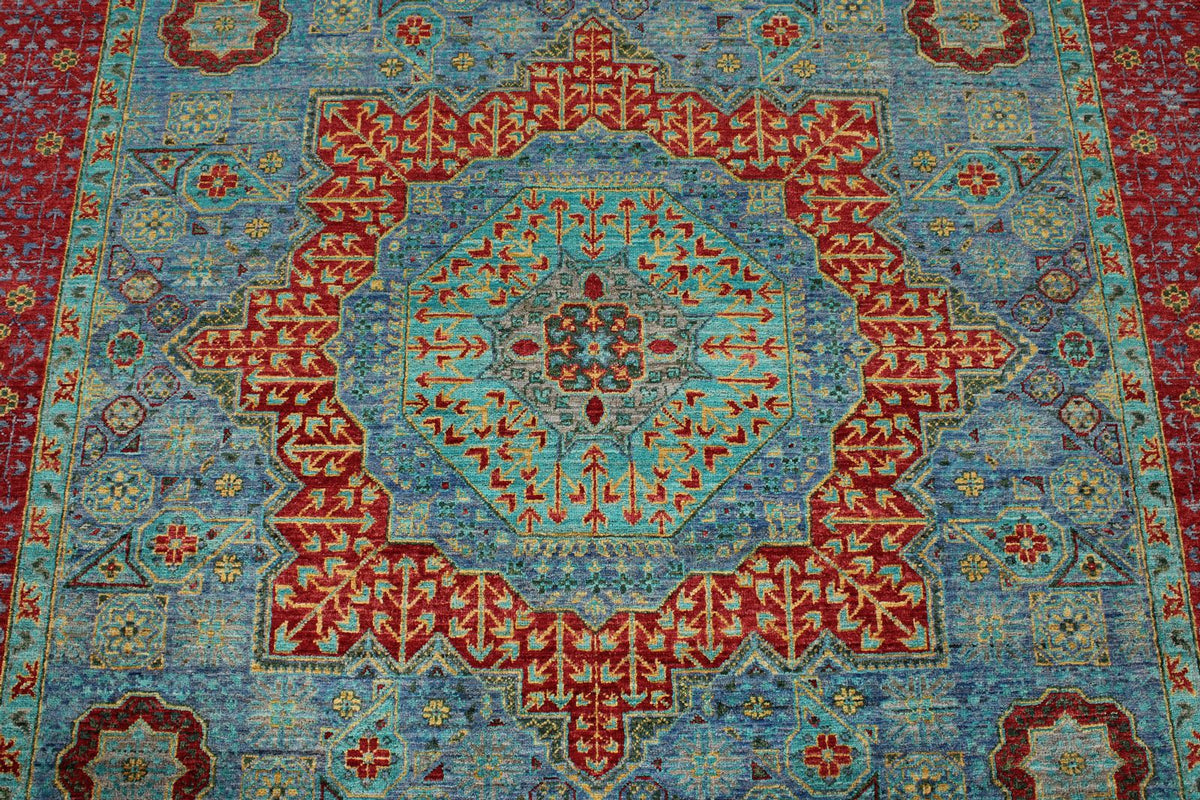 6x8 Light Blue and Magenta Turkish Tribal Rug