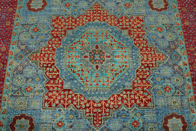 6x8 Light Blue and Magenta Turkish Tribal Rug