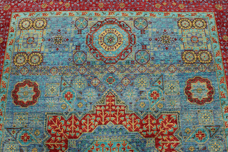 6x8 Light Blue and Magenta Turkish Tribal Rug