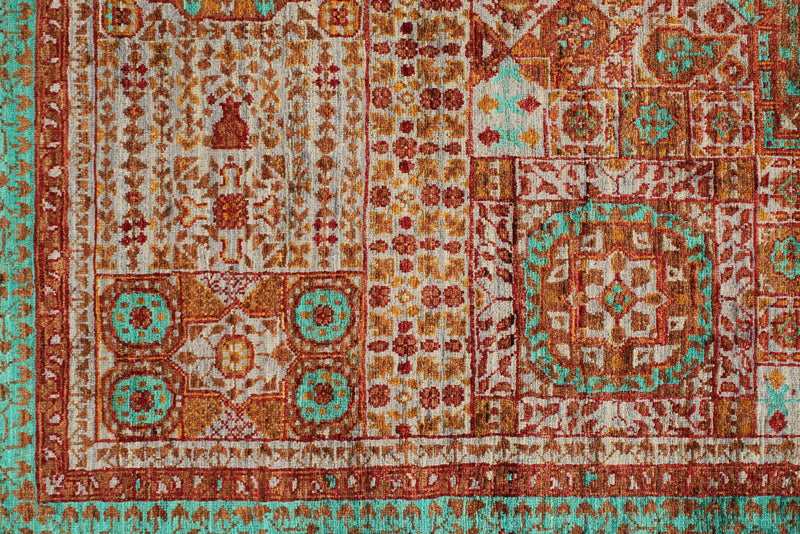 6x8 Rust and Green Turkish Tribal Rug