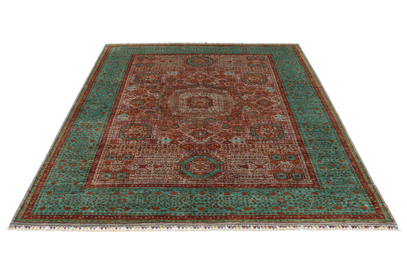 6x8 Rust and Green Turkish Tribal Rug