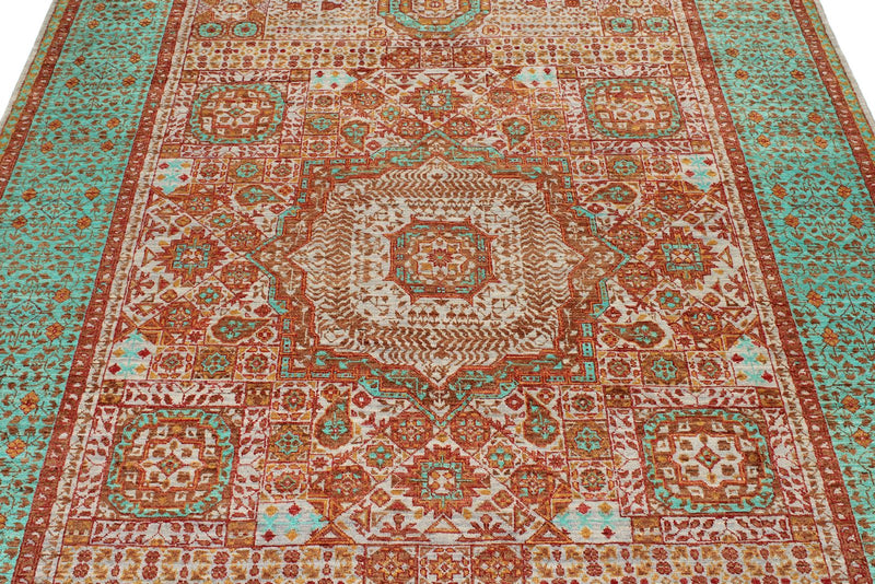 6x8 Rust and Green Turkish Tribal Rug