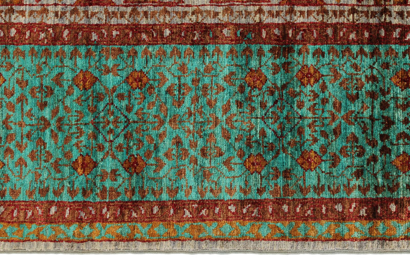 6x8 Rust and Green Turkish Tribal Rug