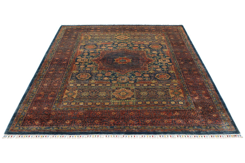 6x8 Navy and Rust Turkish Tribal Rug