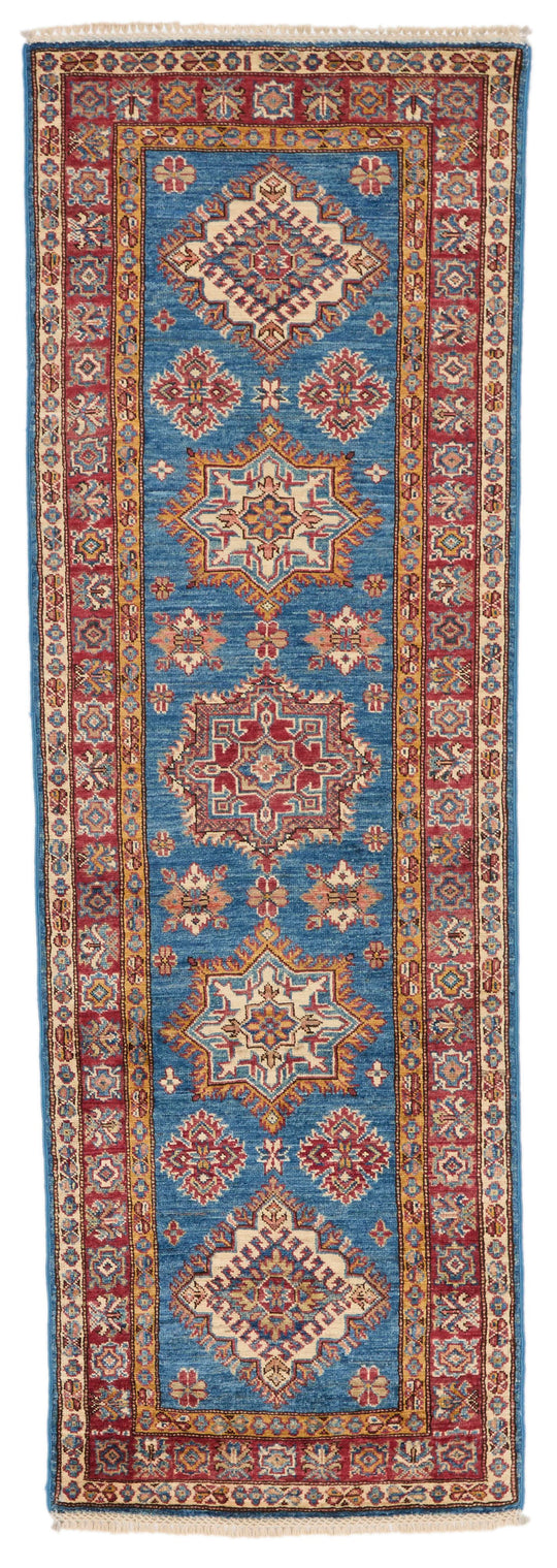2x7 Light Blue and Red Kazak Tribal Runner