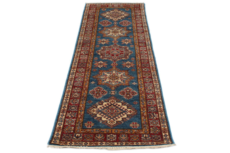 2x7 Light Blue and Red Kazak Tribal Runner