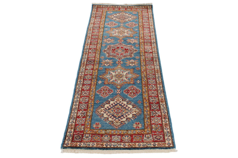 2x7 Light Blue and Red Kazak Tribal Runner