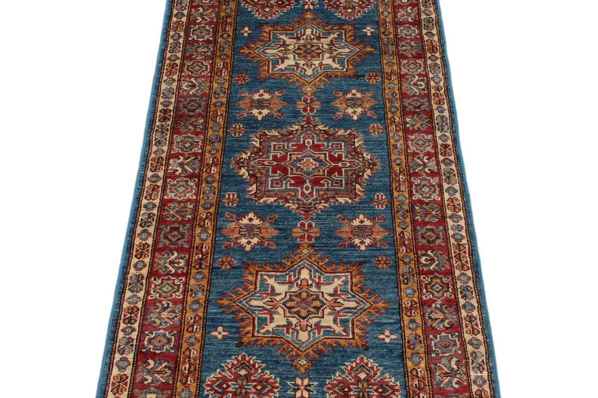 2x7 Light Blue and Red Kazak Tribal Runner