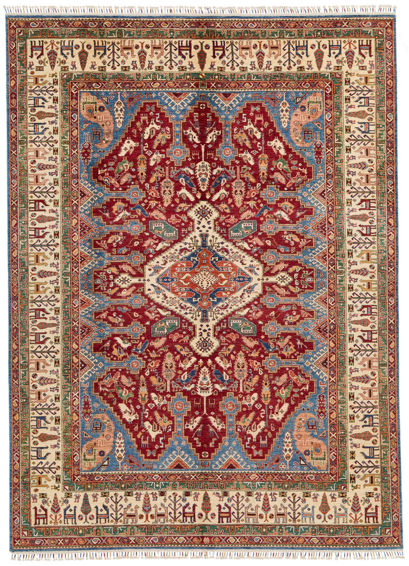 9x12 Red and Ivory Turkish Tribal Rug