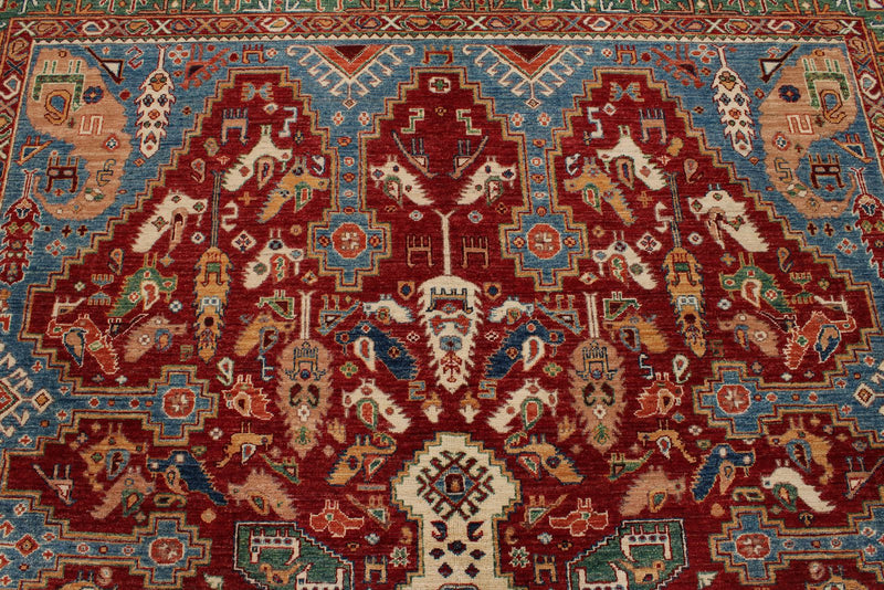 9x12 Red and Ivory Turkish Tribal Rug