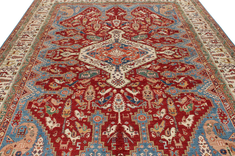 9x12 Red and Ivory Turkish Tribal Rug