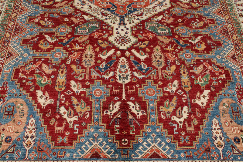 9x12 Red and Ivory Turkish Tribal Rug