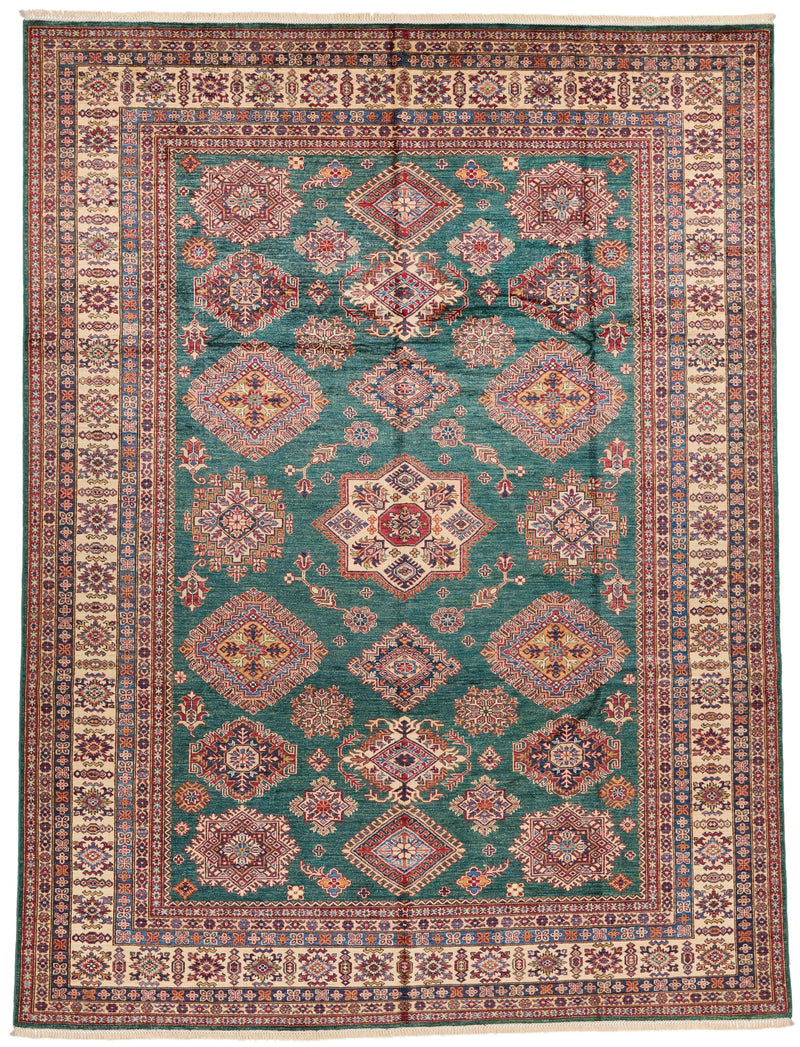 9x12 Green and Ivory Kazak Tribal Rug