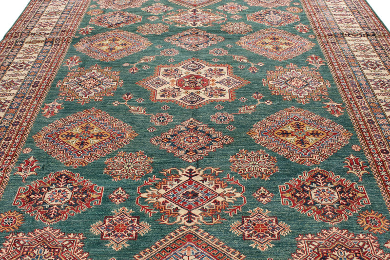 9x12 Green and Ivory Kazak Tribal Rug