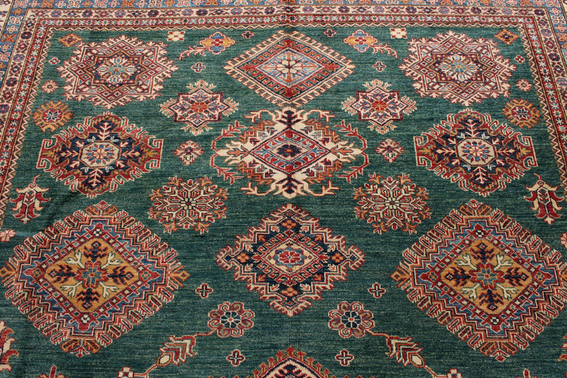 9x12 Green and Ivory Kazak Tribal Rug