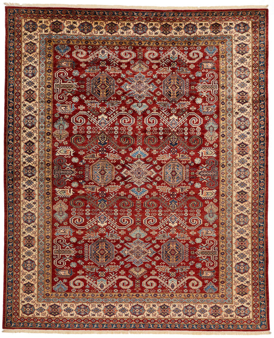 8x10 Red and Ivory Kazak Tribal Rug
