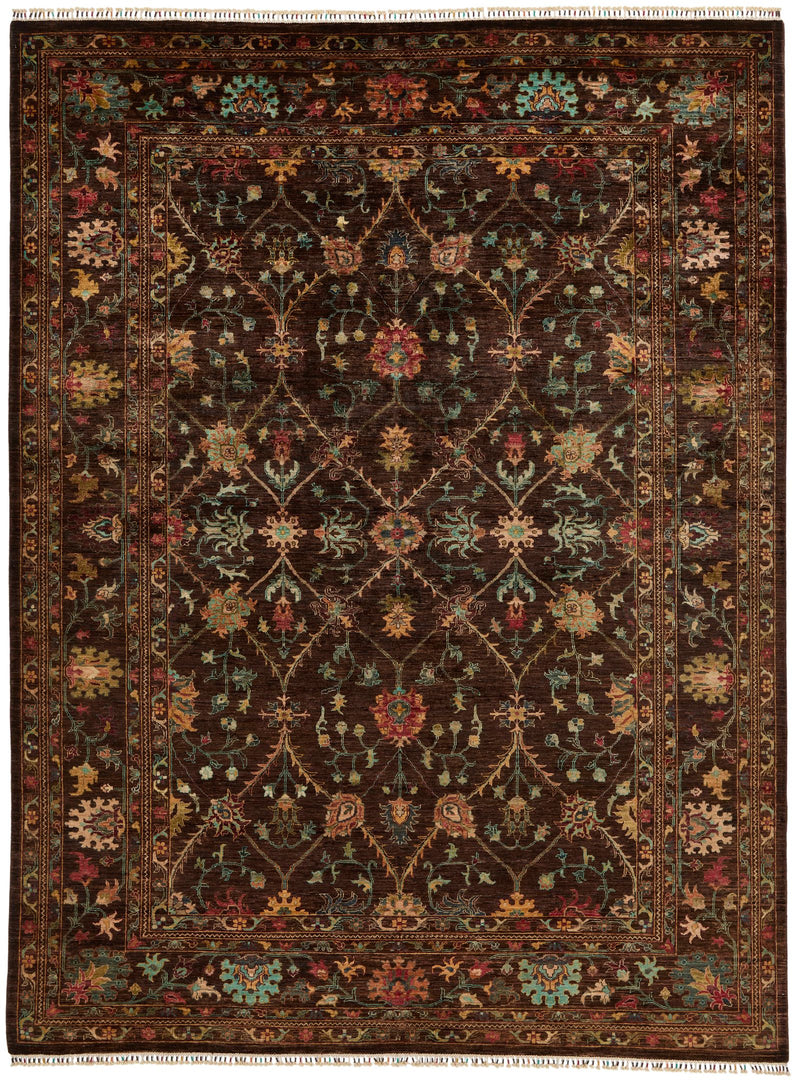 9x12 Brown and Multicolor Turkish Tribal Rug