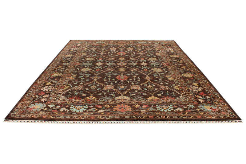 9x12 Brown and Multicolor Turkish Tribal Rug