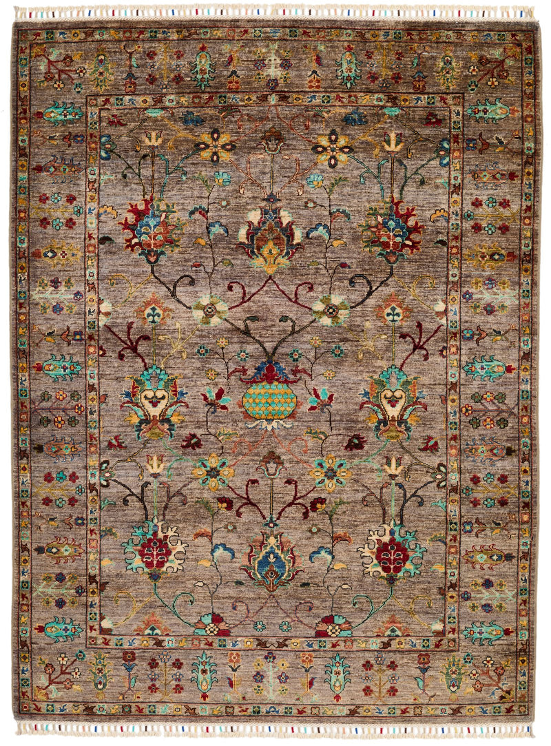 5x7 Dark Brown and Multicolor Turkish Tribal Rug