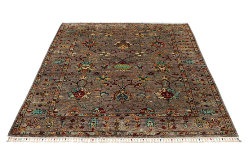 5x7 Dark Brown and Multicolor Turkish Tribal Rug