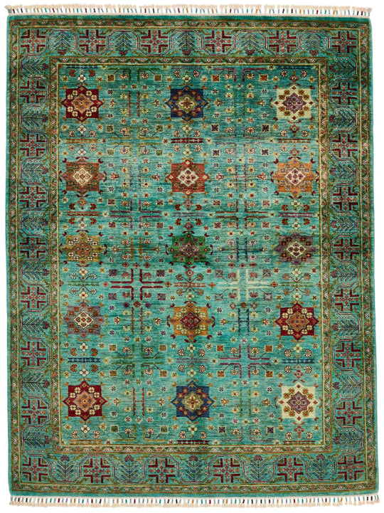 5x7 Green and Turquoıse Anatolian Tribal Rug