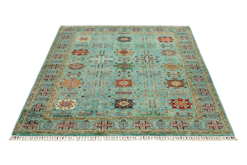 5x7 Green and Turquoıse Anatolian Tribal Rug