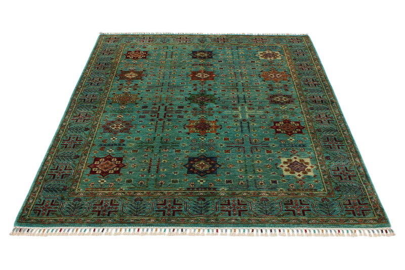 5x7 Green and Turquoıse Anatolian Tribal Rug