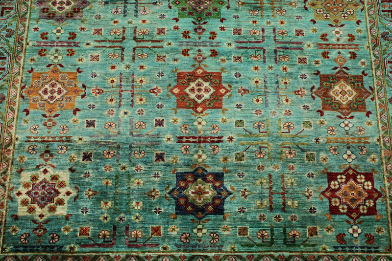 5x7 Green and Turquoıse Anatolian Tribal Rug