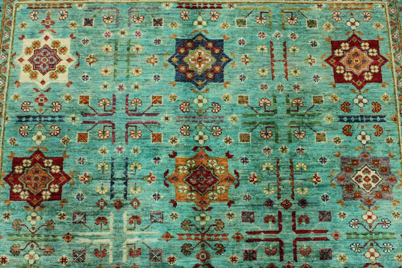 5x7 Green and Turquoıse Anatolian Tribal Rug