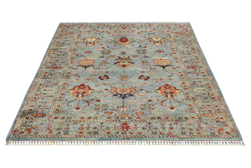 5x7 Light Gray and Multicolor Turkish Tribal Rug