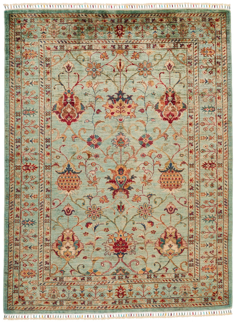 5x7 Light Green and Multicolor Turkish Tribal Rug